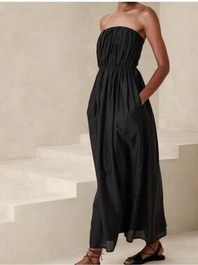 Banana Republic Black Strapless Organza Maxi Dress with Pockets